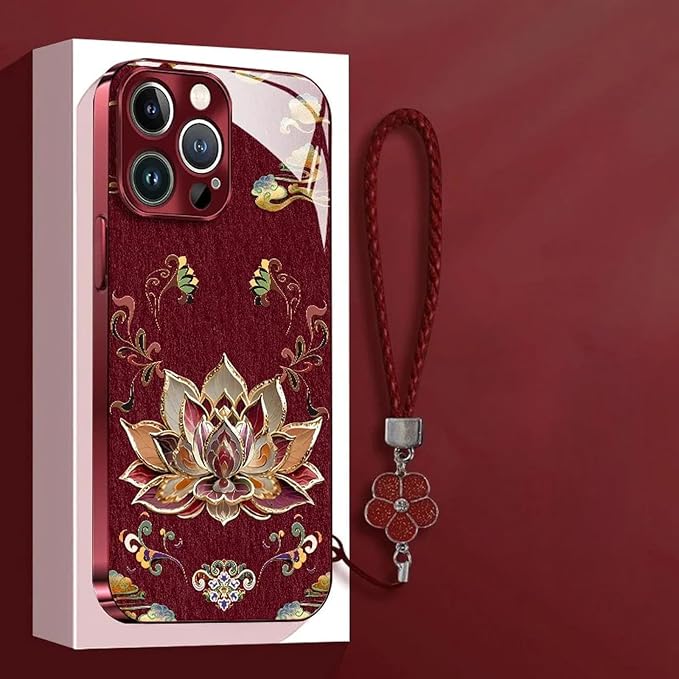Dunhuangs Lotus Lanyard Hard Case for iPhone 17/16/15/14/13 Pro Max, Dunhuangs Lotus Hard Case, All-Inclusive Lens Design Phone Cases (Turquoise,16 Plus)