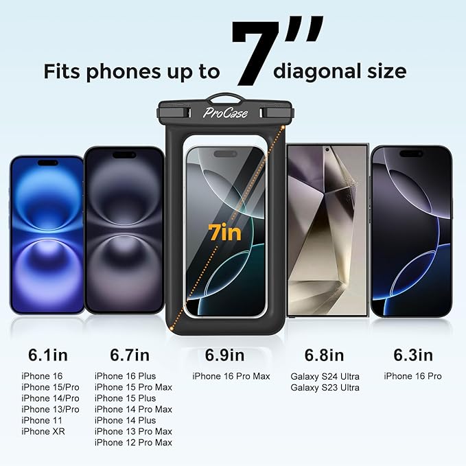 ProCase 2 Pack Floating Waterproof Phone Pouch IPX8, Universal Dry Bag Fits iPhone 17/16/15/14/13 Series, Galaxy S24/S23/S22, Pixel 8/7 (Up to 7”), Touchscreen, Underwater & Snow Protection -Black