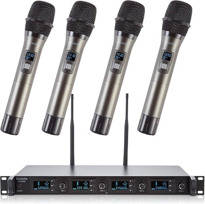 Wireless Microphone System, 4-Channel UHF Wireless Mic, Fixed Frequency Metal Cordless Mic with 4 Handheld Dynamic Microphones, 200ft Range, Mics for Singing, Church (4 Handheld)
