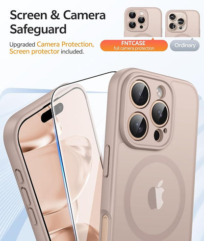 FNTCASE for iPhone 16 Pro Case: [Compatible with Magsafe] Translucent Matte Cases with [Full Camera Protection] [Screen Protector] Military Grade Shockproof Protective Phone Cover - Desert Gold