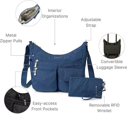 Baggallini womens Everywhere Bagg Crossbody Women 11x9 Lightweight Nylon Hobo Water-resistant Travel Bag W/Rfid