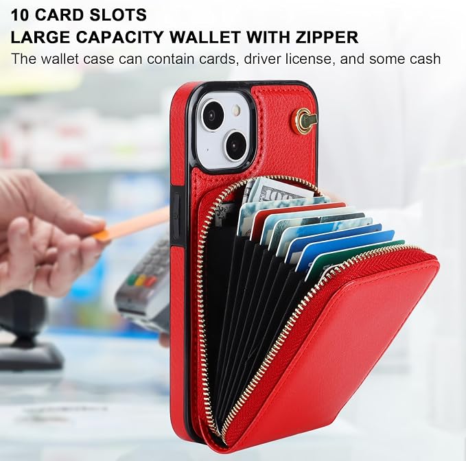 KIHUWEY Crossbody Wallet Case for iPhone 13 iPhone 14, Zipper Pocket Case with Card Holder, PU Leather RFID Blocking Protective Cover Case with Kickstand Detachable Wrist Strap Lanyard 6.1" (Red)