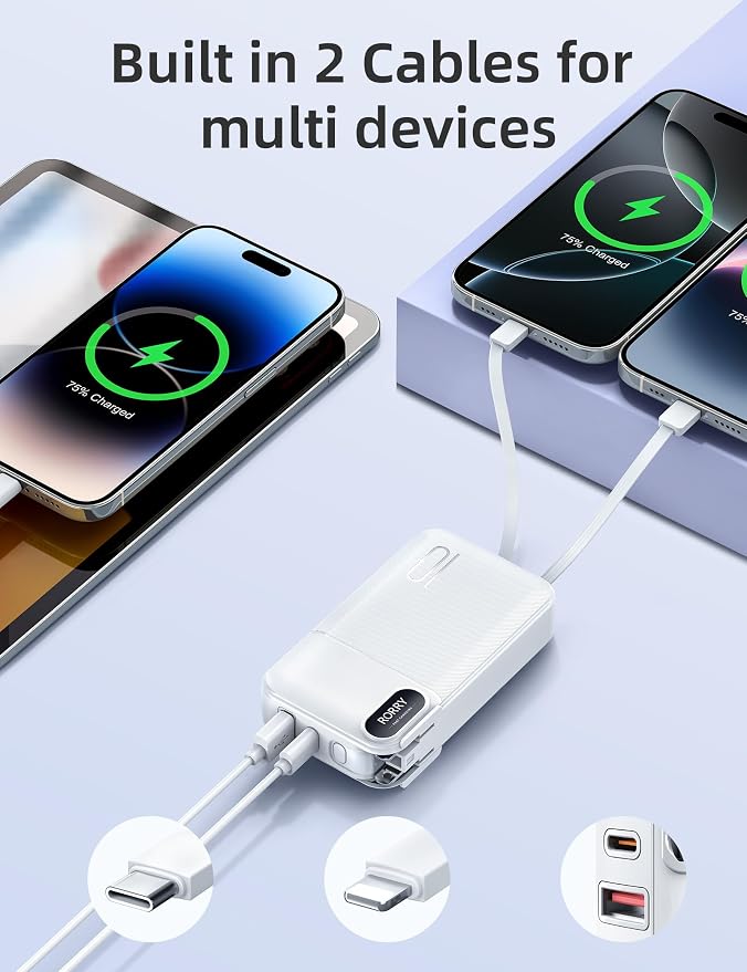 RORRY Portable Charger w/Wall Plug 10000mAh Power Bank 22.5W Battery Pack | Built in Cables, Fast Charging, for iPhone, iPad, Samsung Galaxy, Pixel, LG, Travel Essential, Digital Display, Pocket Size