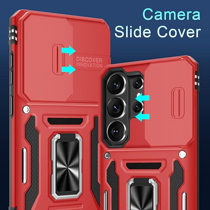 DEERLAMN Case for Samsung Galaxy S26 Ultra 6.9-Inch with Slide Camera Cover+Screen Protector(1 Pack), Rotated Ring Kickstand Military Grade Shockproof Protective Cover-Red