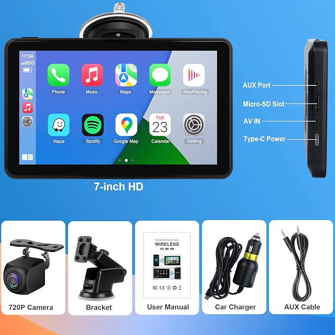 Wireless CarPlay Android Auto Car Screen, 720P Backup Camera 7″ Touch Screen Car Music Video Player Portable GPS Naivgation Bluetooth Mirror Link, Siri, AirPlay, Voice Assistant