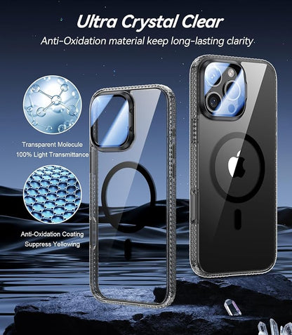 [Upgraded] for iPhone 16 Pro Case with Camera Cover Stand [Fit for MagSafe][9H Camera Lens Protector] Mil-Grade Protection Transparent Magnetic iPhone 16 Pro Phone Case, Clear Black