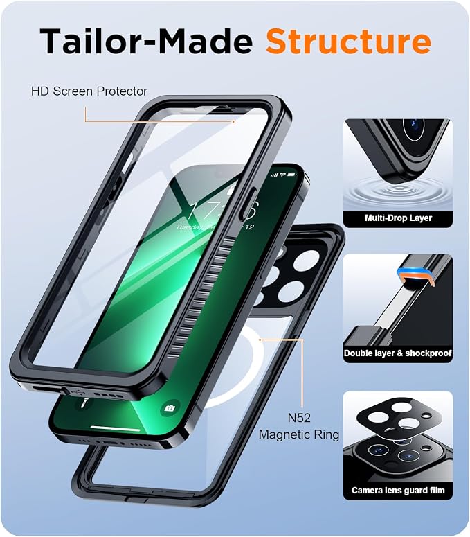 Temdan Magnetic for iPhone 13 Pro Case Waterproof,Built-in Screen Protector[IP68 Underwater][Upgrade Military Dropproof][Compatible with MagSafe] Full Body Shockproof for Phone Case 6.1'' Black