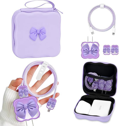 CameCosy DIY Phone Charger Storage Case Cover Sets for iPhone with Cable Protector Earphone Wire Saver, Portable Travel Storage Bag, Cute Cable Charger Protector Cord Organizer (Purple Bow Tie)