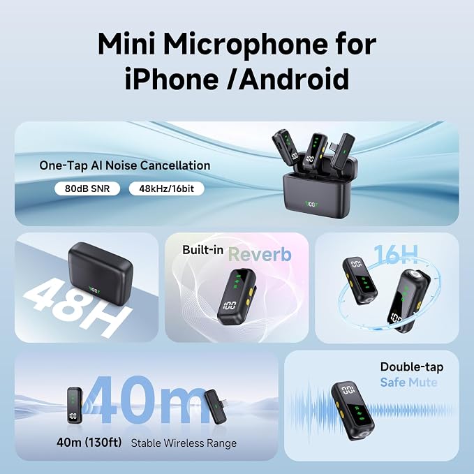 3 in 1 Wireless lavalier Microphone for Camera iPhone Android Phone Mini Microphones,130ft 16h Battery, Noise Canceling Lapel Mic System for Speaker Recording Video Facebook tiktok