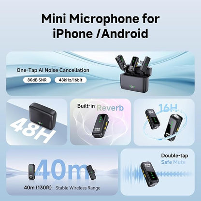 3 in 1 Wireless lavalier Microphone for Camera iPhone Android Phone Mini Microphones,130ft 16h Battery, Noise Canceling Lapel Mic System for Speaker Recording Video Facebook tiktok