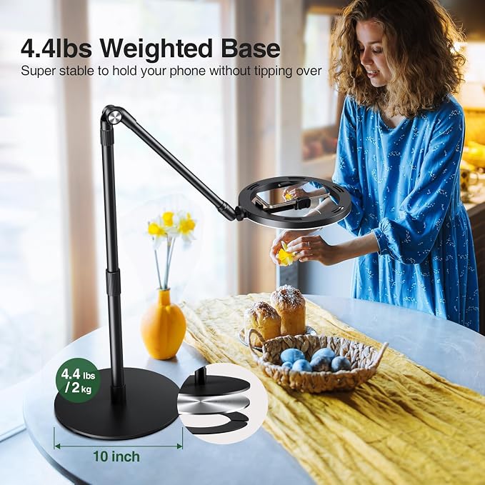 elitehood Overhead Phone Mount with Light for Video Recording, Adjustable Desk Ring Light with Stand and Phone Holder, Heavy Duty Overhead Camera Mount Tripod for iPhone Cooking Video, Filming Meeting