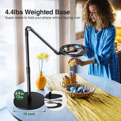elitehood Overhead Phone Mount with Light for Video Recording, Adjustable Desk Ring Light with Stand and Phone Holder, Heavy Duty Overhead Camera Mount Tripod for iPhone Cooking Video, Filming Meeting