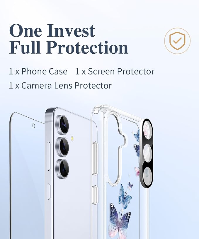 GVIEWIN for Samsung Galaxy S25 Plus Case, Clear Floral Slim Shockproof Protective Women Phone Case, Non-Yellowing, with Screen Protector & Camera Lens Protector for S25 Plus 6.7", Colorful Butterfly
