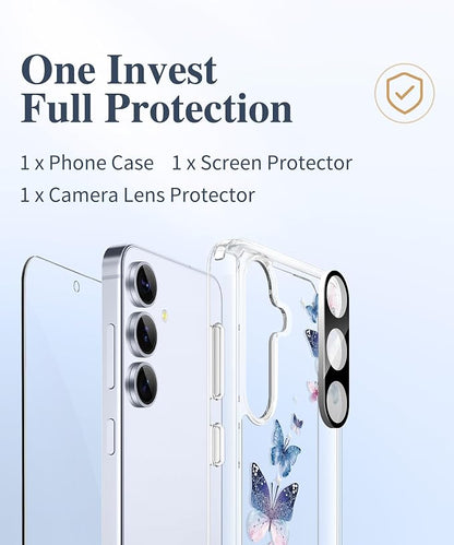 GVIEWIN for Samsung Galaxy S25 Plus Case, Clear Floral Slim Shockproof Protective Women Phone Case, Non-Yellowing, with Screen Protector & Camera Lens Protector for S25 Plus 6.7", Colorful Butterfly