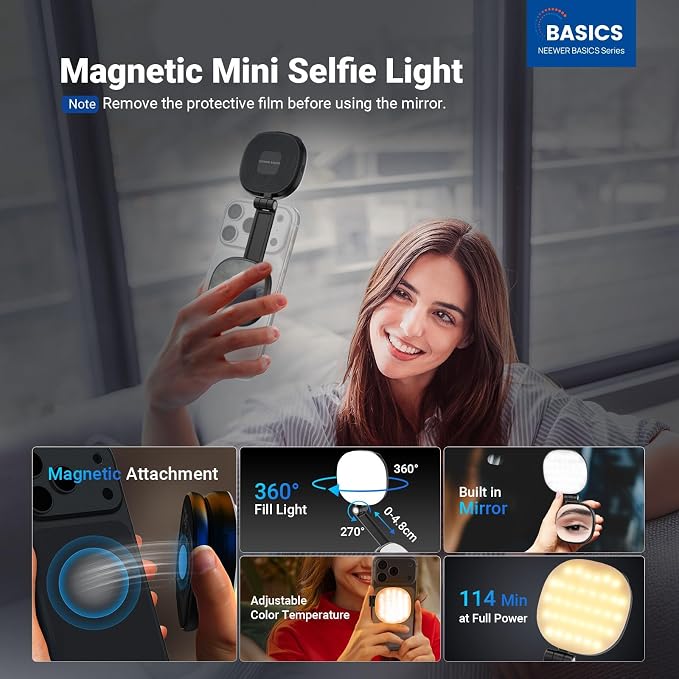 NEEWER Basics Magnetic Selfie Light Compatible with MagSafe iPhone, 2W Bi Color Small LED Phone Fill Ring Lighting CRI95+ with 360° Swivel, Mirror for Makeup Video Conference Recording, NL72B Black