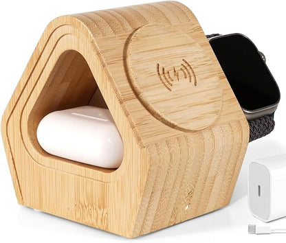 Bamboo Wireless Charging Station for Apple: 3-in-1 Charger Stand with Cabin Style for iPhone 17 16 15 14 13 12 Series,Watch 11-2, SE, Ultra, and AirPods 4-2, Pro, MagSafe Wireless Charger(20W Adapter)
