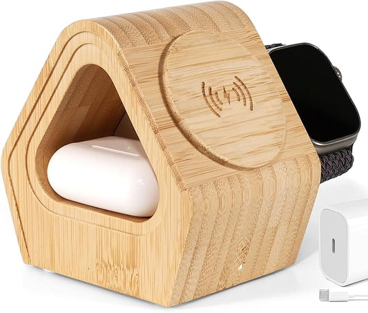 Bamboo Wireless Charging Station for Apple: 3-in-1 Charger Stand with Cabin Style for iPhone 17 16 15 14 13 12 Series,Watch 11-2, SE, Ultra, and AirPods 4-2, Pro, MagSafe Wireless Charger(20W Adapter)
