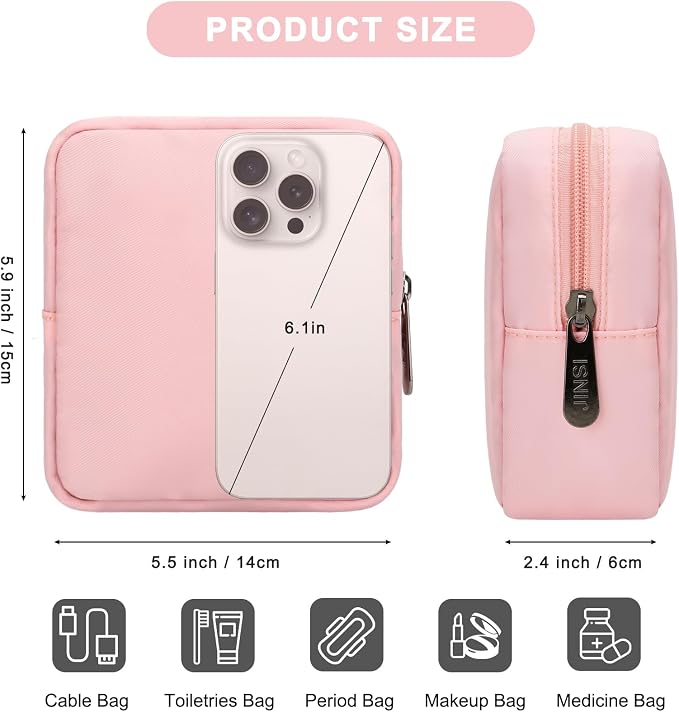 Tech Organizer Pouch, Small Multi-Pocket Electronics Case (Pink) | Water-resistant nylon, foam padding, metal zipper, travel cable bag for charger, power bank, earbuds, SD cards and USB cables