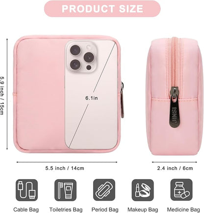 Tech Organizer Pouch, Small Multi-Pocket Electronics Case (Pink) | Water-resistant nylon, foam padding, metal zipper, travel cable bag for charger, power bank, earbuds, SD cards and USB cables