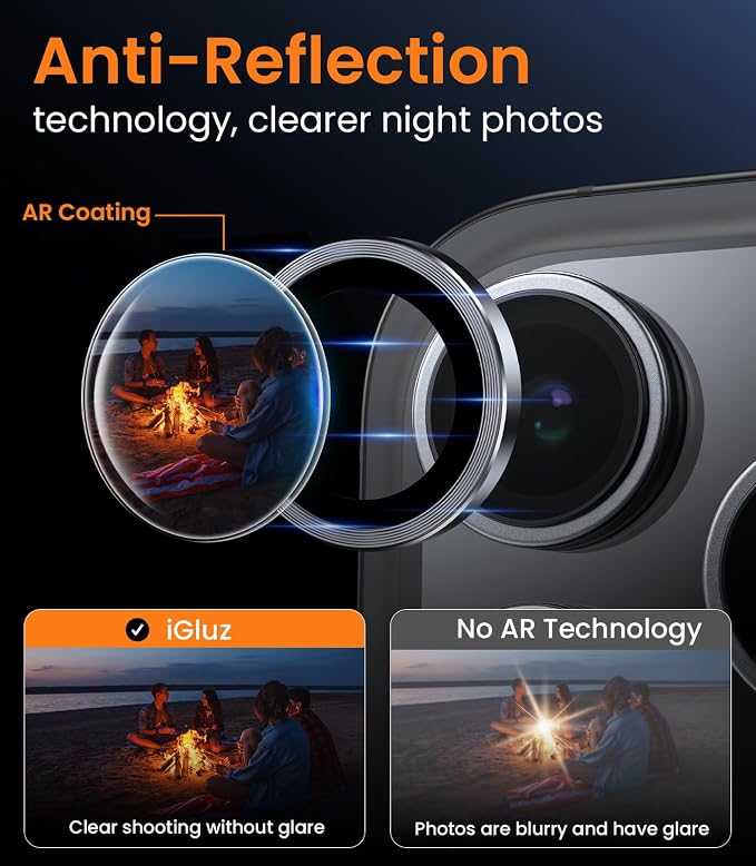 iGluz 2 Pack Anti-Reflection Camera Lens Protector for iPhone 16 Pro/iPhone 16 Pro Max [98% Transmittance][1-Step Installation Tray][Strong Adsorption] 9H Shatterproof Tempered Glass-Black Titanium