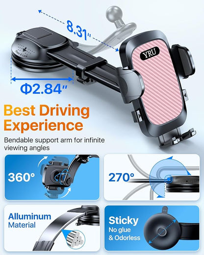 YRU [2026 Ultimate Car Phone Holder Mount [Bendable & Adjustable Aluminum Arm] Cell Phone Holder for Car Dashboard Windshield Phone Stand for iPhone 17 16 15 14 Pro Max Samsung Pickup Truck, Pink
