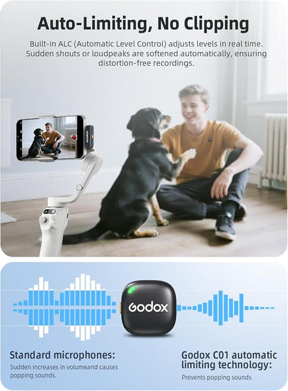 GODOX C01 Kit2 Wireless Lavalier Microphone for iPhone 15/16/17 & Android, USB C, Intelligent Noise Reduction, 48kHz/24bit Audio & 200m Range for Vlogging, YouTube (2 TX + 1 USB-C RX + Charging Case)