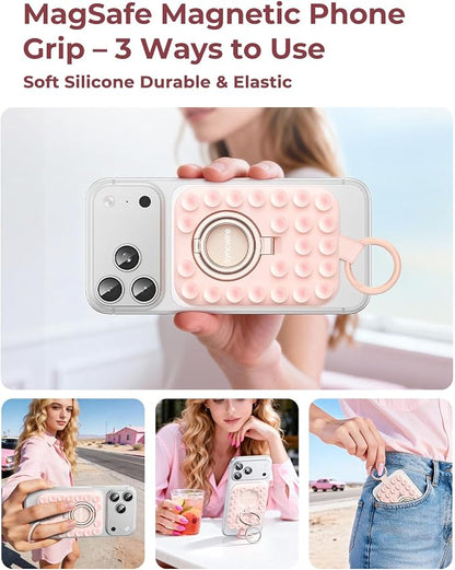 Syncwire Magnetic Phone Grip MagSafe Compatible Phone Ring Holder with Silicone Suction Cup Dual Ring Phone Stand for Mirror Selfie Video Recording Hands Free Use,Blush Pink