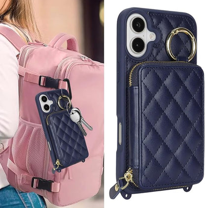 Crossbody Wallet Case for iPhone 17, PU Leather Zipper Handbag Purse Flip Cover, Kickstand Folio Case with Card Slots Holder Wrist Strap Lanyard 5G 6.3 Inch-Blue