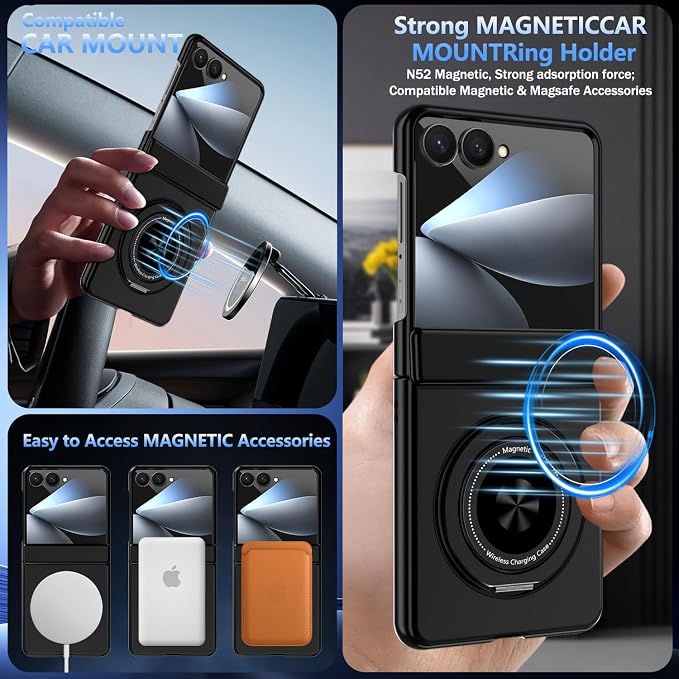 Hekodonk for Galaxy Z Flip 8 Case with 360 Rotatable Stand,[Compatible with MagSafe][Front Screen Protector],Magnetic Ring Holder with Hinge Protective Case for Samsung Z Flip 8,All Black