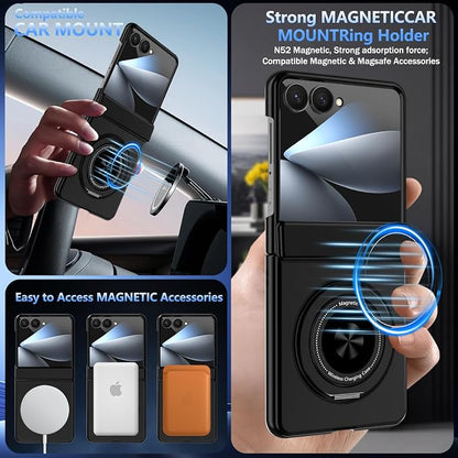 Hekodonk for Galaxy Z Flip 8 Case with 360 Rotatable Stand,[Compatible with MagSafe][Front Screen Protector],Magnetic Ring Holder with Hinge Protective Case for Samsung Z Flip 8,All Black