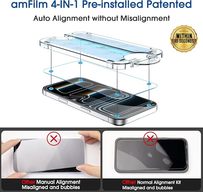 amFilm OneTouch Screen Protector for iPhone 17 Pro 6.3'' + Camera Lens Protector | Auto-Alignment Install | Bubble Free | 9H Tempered Glass | Shatterproof | FHD Clarity | Case Friendly | 2+4 Pack