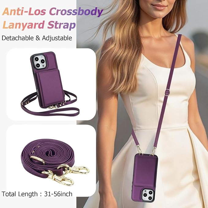 LOHASIC for iPhone 16 Pro Max Case Wallet with Detachable Crossbody Strap & Wrist Lanyard, RFID Blocking, 4 Card Slots 2 Cash Pockets, Vegan Leather Case with Card Holder for Women Girls, Purple
