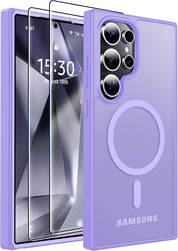 MOZOTER for Samsung Galaxy S24 Ultra Case,[Compatible with MagSafe] Purple | [12Ft Military Dropproof][2*Screen Protector]Translucent Anti-Slip Back Slim Shockproof Case for S24 Ultra-Purple