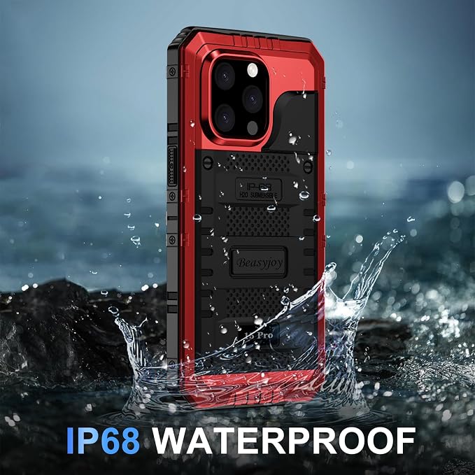 Beasyjoy for iPhone 15 Pro Case Waterproof, Metal Heavy Duty Full Body Protective Case with Built-in Screen Protector, Military Grade Shockproof Dustproof Defender Case for iPhone 15 Pro 6.1", Red
