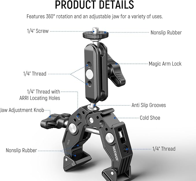 NEEWER Super Clamp with 3" Dual Ballhead Magic Arm, Cold Shoe, 1/4" Threads, Phone/Action Camera Mount Adapter for Desk Tripod Tube Crossbar Gimbal Rods Compatible with SmallRig GoPro DJI, ST83