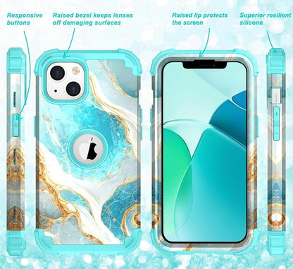 Hocase Heavy Duty Shockproof Protection Soft Silicone Rubber+Hard Plastic Bumpers Hybrid Protective Case for iPhone 13/14 (6.1") - Teal