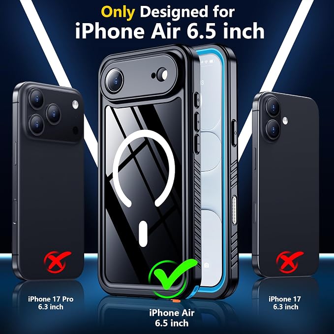SPIDERCASE Magnetic for iPhone Air Case Waterproof, Built-in Lens & Screen Protector,[IP68 Underwater][15FT Military Shockproof] [Dustproof] Full Body Protection Cover for iPhone 17 Air 6.5’’,Blue
