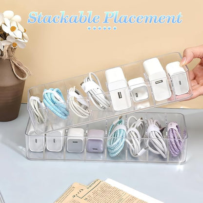 3 Pcs Cord Organizer Box with Lid, 10.8 x 3.7 x 2.4 Inch Clear Plastic Cable Organizer Box with 30 Cable Ties Adjustable Charger Storage Boxs for Home, Office, Drawer, Desktop Organization