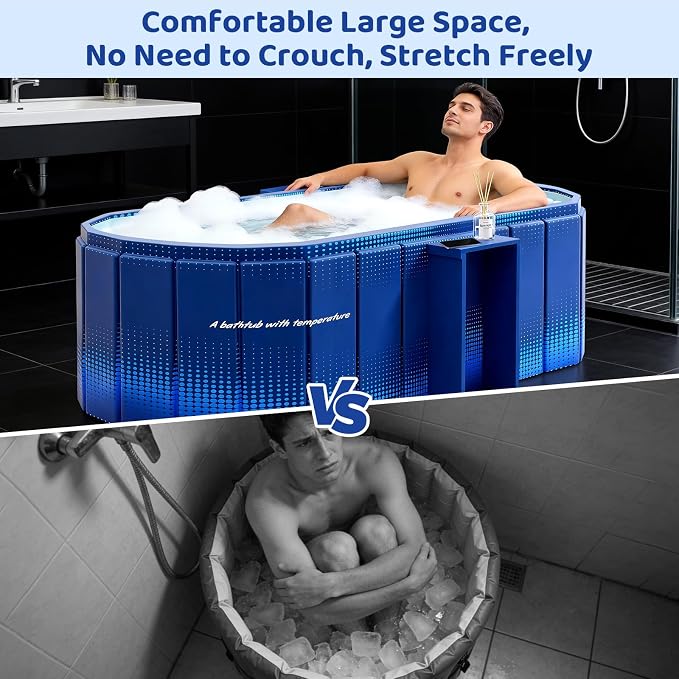 Portable Foldable Bathtub, Freestanding Bathtub No Installation, Bathroom SPA Soaking Bath Tub, Shower Stall Collapsible Hot & Ice Bath Tub (Blue with Storage Rack, 59"L x 21.6"W x 19.6"H)