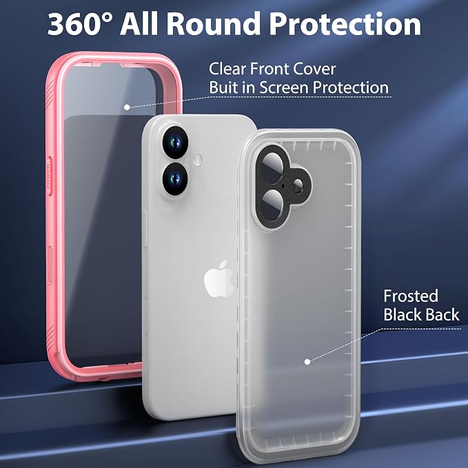 SPORTLINK for Waterproof iPhone 17 Case - Built in Screen Protector/Dustproof/Shockproof/6.6FT Military Dropproof/Ful Body Protector/IP68 Underwater for iPhone 17 Case 6.3 inch Pink/Frosted Clear