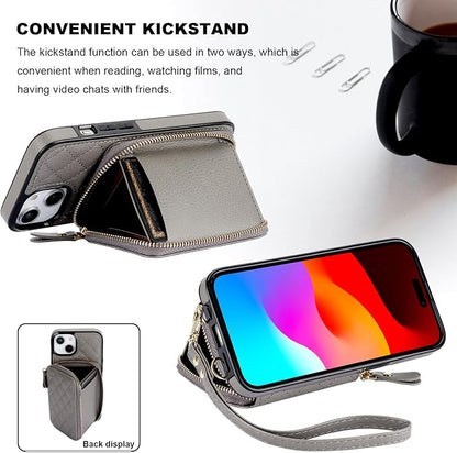 Bocasal Crossbody Wallet Case for iPhone 14, RFID Blocking PU Leather Zipper Handbag Purse Flip Cover, Kickstand Folio Case with Card Slots Holder Wrist Strap Lanyard 5G 6.1 Inch (Grey)