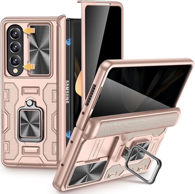 VEGO for Galaxy Z Fold 4 Case with Kickstand Built-in Screen Protector | Anti-Peeping & Anti-Scratches[Slide Lens Cover][Hinge Protection]Full Body Shockproof Phone Case for Samsung Fold 4-Rose Gold