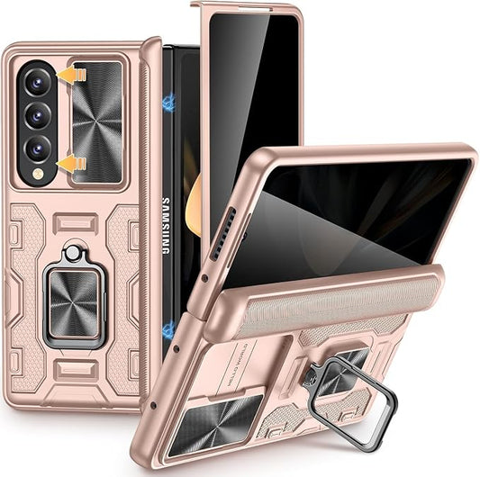 VEGO for Galaxy Z Fold 4 Case with Kickstand Built-in Screen Protector | Anti-Peeping & Anti-Scratches[Slide Lens Cover][Hinge Protection]Full Body Shockproof Phone Case for Samsung Fold 4-Rose Gold
