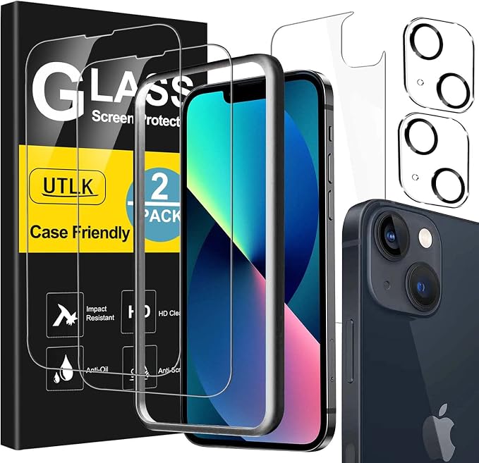 [ 2+2 +2 ] 2 Front + 2 Back for iPhone 13 Glass Screen Protector HD Clear +2 Glass Camera Lens Protector for iPhone 13 (6.1") with Installation Frame,Case friendly