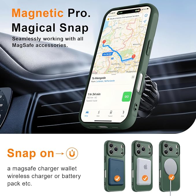 MOCCA Magnetic for iPhone 17 Pro Case, (Compatible with Magsafe) (16FT Military Grade Protection) Full Camera Protection Anti-Fingerprint Slim Translucent Matte Phone Cover 6.3",Midnight Green
