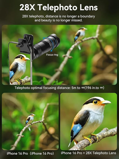 MIAO LAB 28X HD Telephoto Lens for iPhone/Samsung/Android, High Power Telephoto Camera Lens with Universal Clip Compatibility Most Smartphone