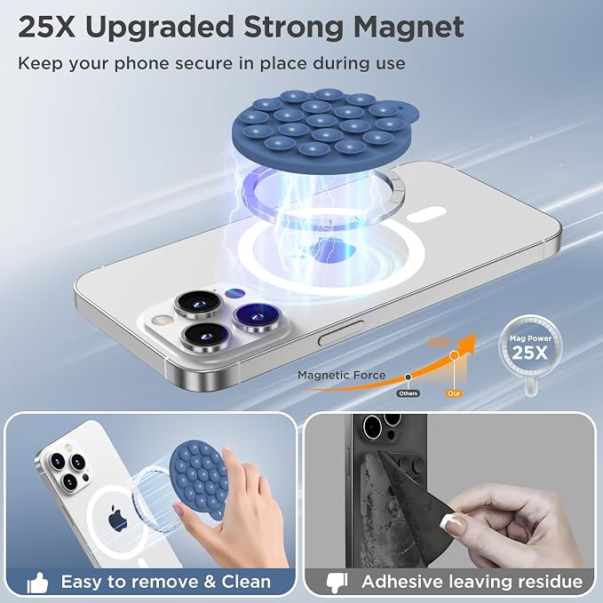 Magnetic Suction Cup Phone Mount, Compatible with MagSafe, Silicone Octo Cup Buddy Sticky Grip Holder for iPhone and Android, Removable Hands-Free Selfie/Video for TikTok, Azure Blue