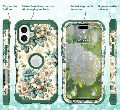Hocase for iPhone 17 Case 6.3", Heavy Duty Shockproof Protection Soft Silicone Rubber+Hard Plastic Bumpers Hybrid Protective Case for iPhone 17 2025 - Teal Blue Flowers