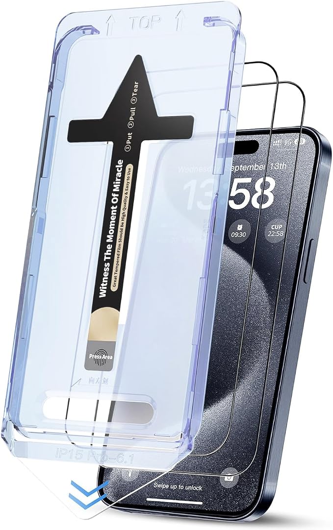 for iPhone 15 Pro Screen Protector, Military Grade Shatterproof 9H+ Tempered Glass, Auto Dust-Removal Installation, Full Coverage, HD Clear, Anti-Scratch, Anti-Fingerprint, No Bubble