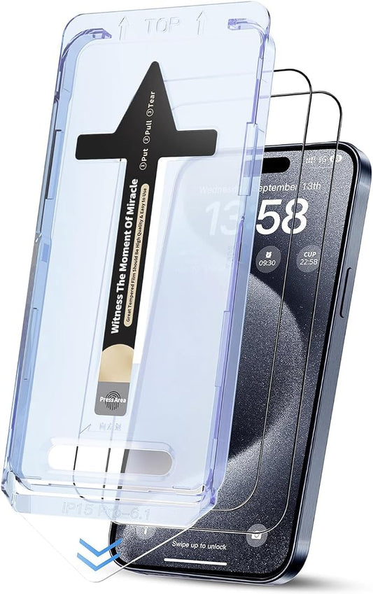 for iPhone 15 Pro Screen Protector, Military Grade Shatterproof 9H+ Tempered Glass, Auto Dust-Removal Installation, Full Coverage, HD Clear, Anti-Scratch, Anti-Fingerprint, No Bubble